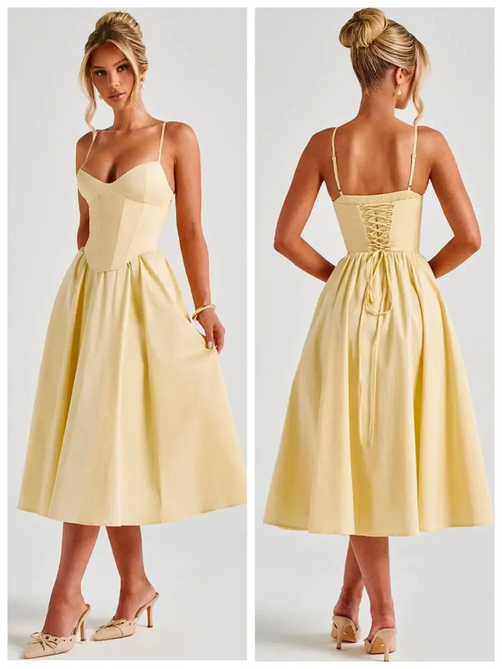 Babyboo Mariella Midi Dress Lemon Corset Lace-Up Fit & Flare S NWT